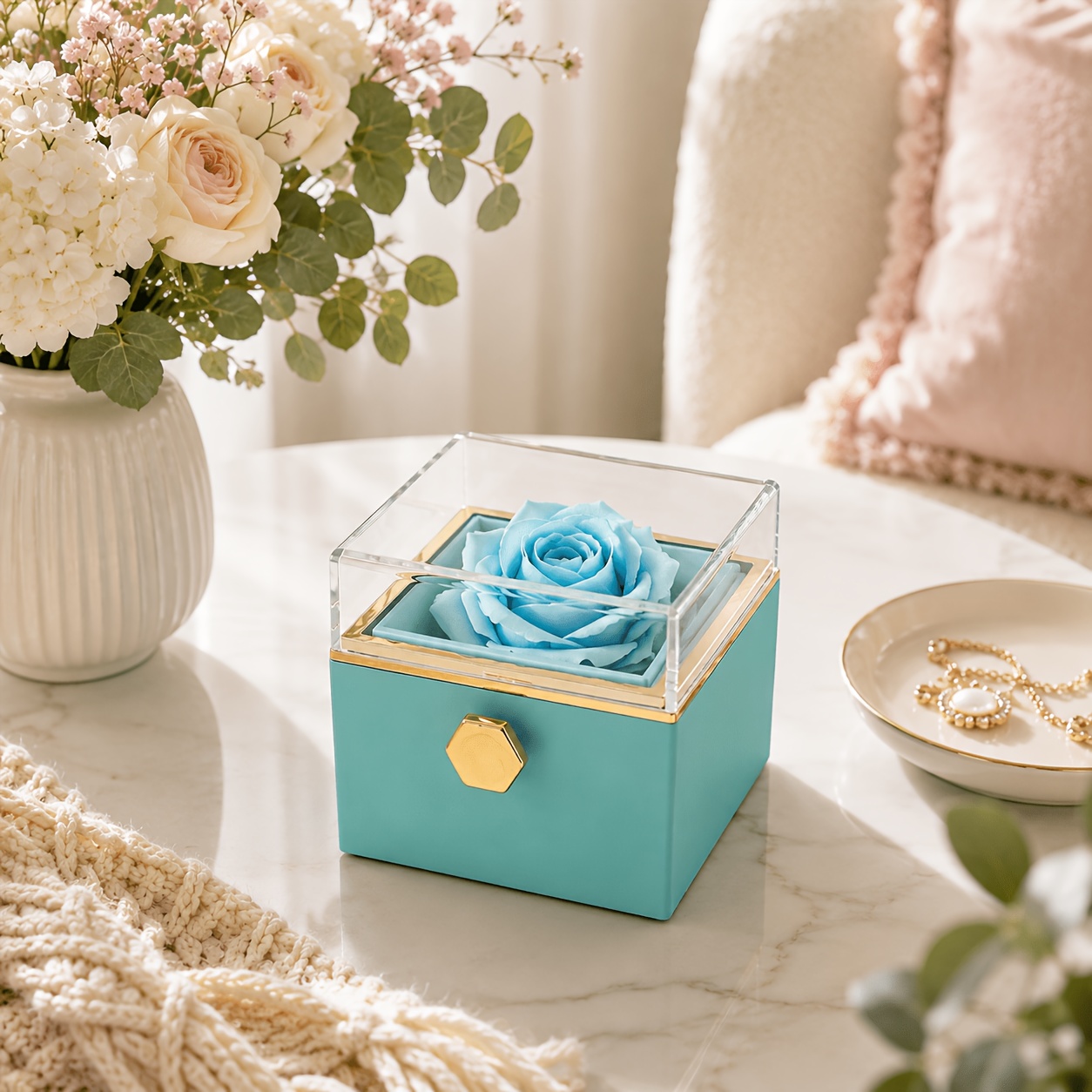Blue Rose Rotating Gift Box with Clear Display Cover